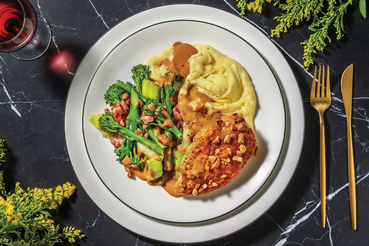 Macadamia-Crusted Chicken & Bacon Greens