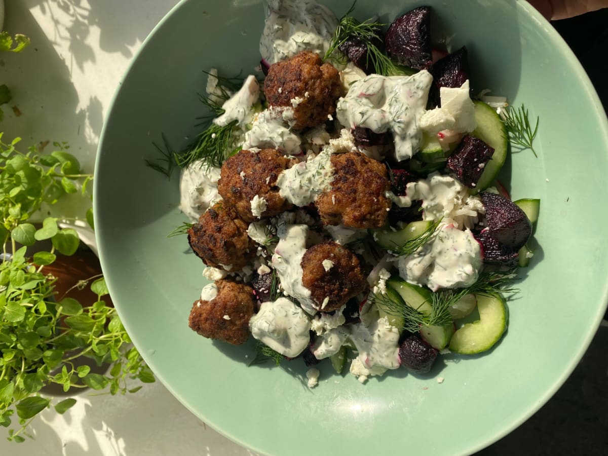 Meatballs with roasted beetroot salad