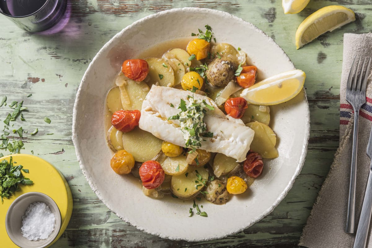 Mediterraanse kabeljauw met gestoofde aardappelen