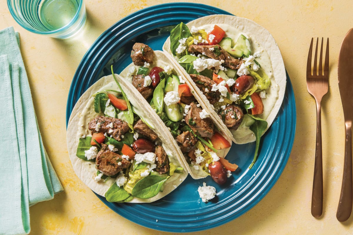 Mediterranean Beef Tacos with Olives & Fetta