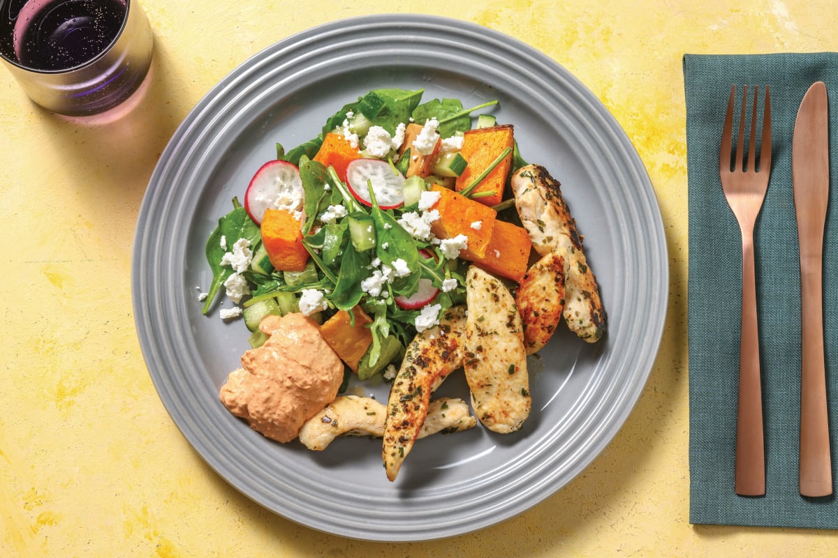 Herby Chicken Strips with Pumpkin Salad & Harissa Yoghurt