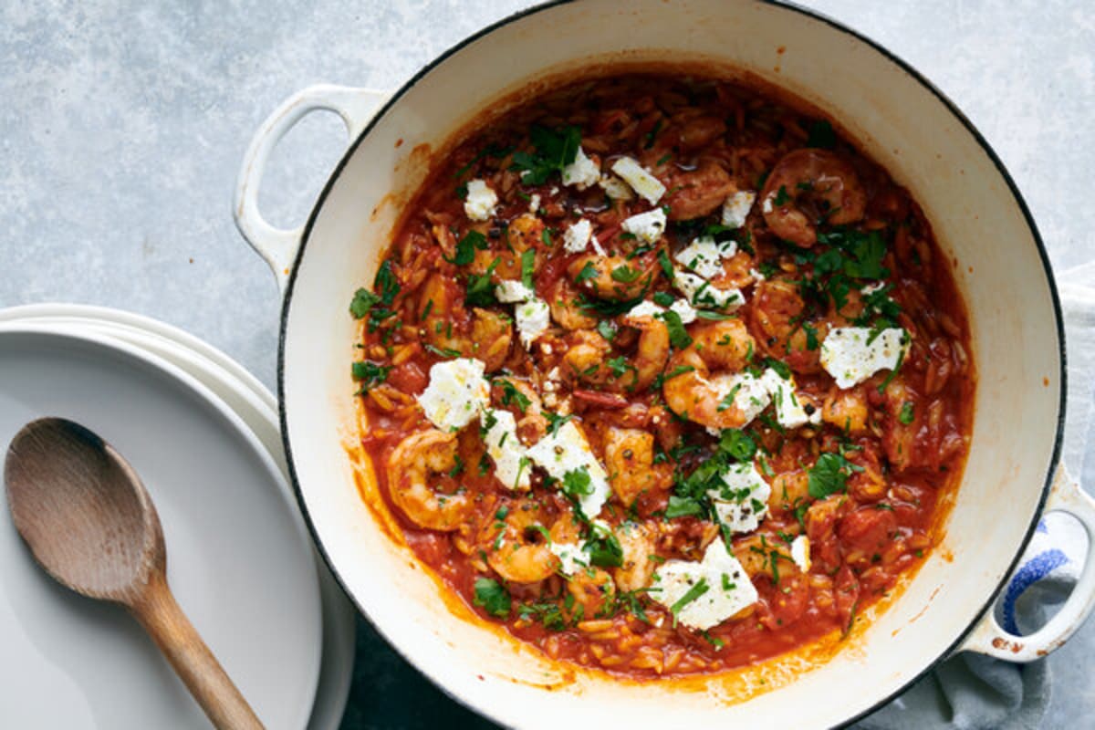 Skillet Tomato-Basil Orzo and Shrimp