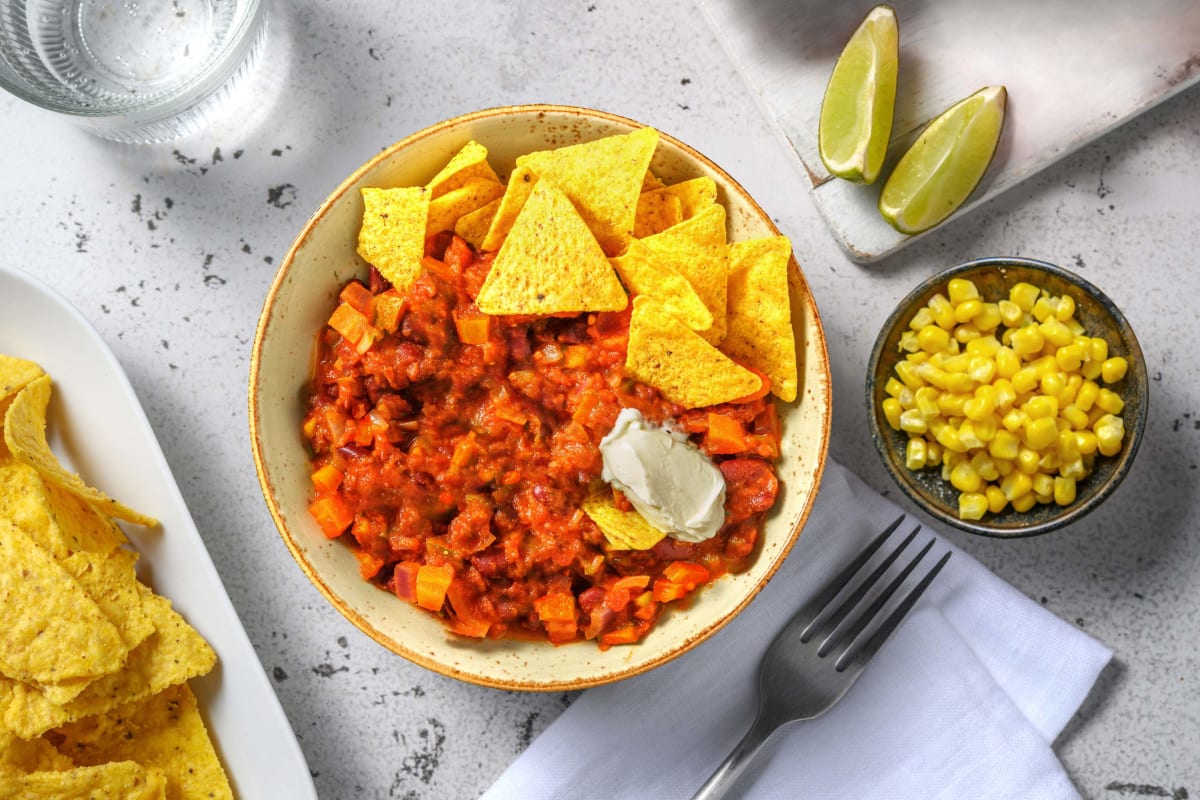 Mexicaans gekruide linzenstoof met pittige tortillachips