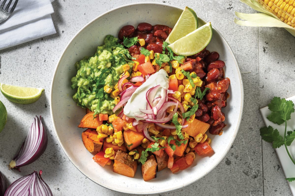Mexican Beans & Roasted Sweet Potato Bowl with Guacamole, Pickled Onion and Sour Cream
