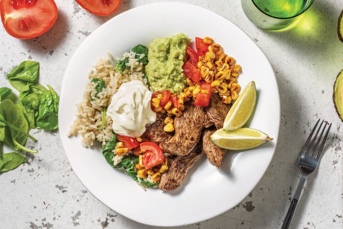 Quick Mexican Beef & Brown Rice Bowl with Guacamole & Sour Cream