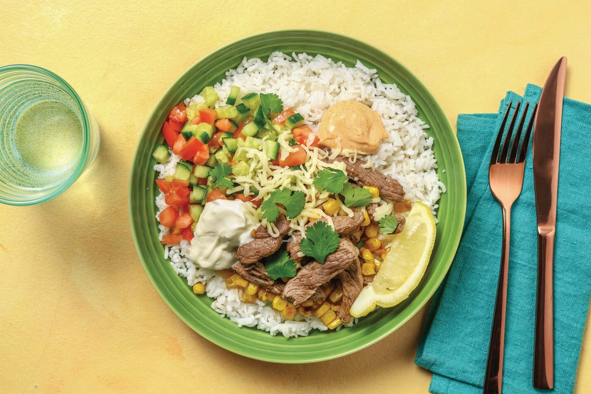 Mexican Beef & Basmati Bowl with Salsa, Cheddar & Sour Cream