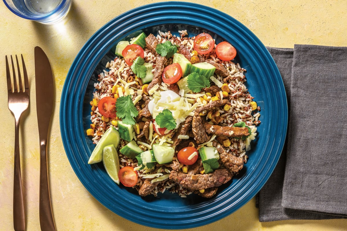 Mexican Beef & Brown Rice Quinoa Bowl with Salsa