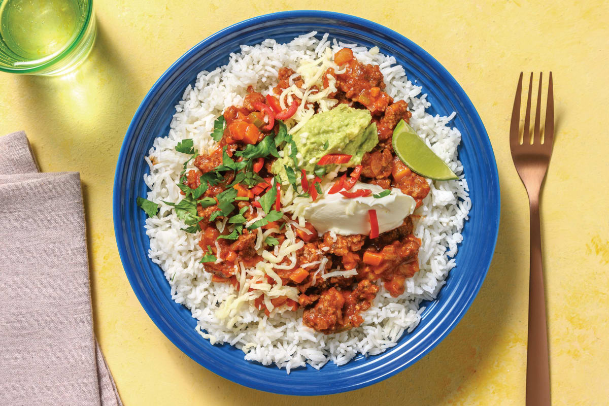 Mexican Beef Burrito Bowl with Avocado & Sour Cream