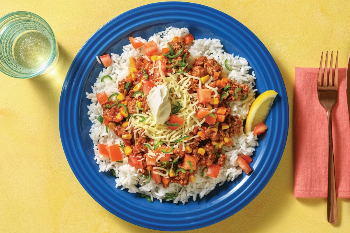 Mexican Beef Burrito Bowl with Cheddar & Sour Cream