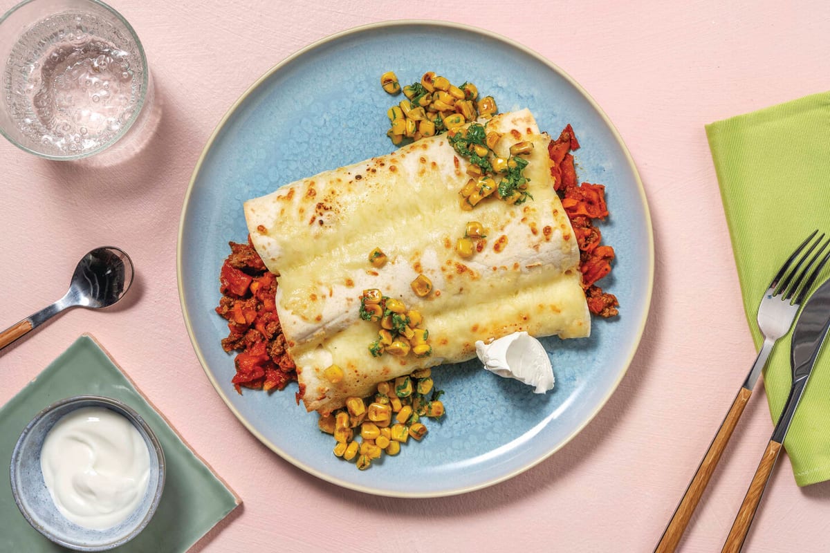 Mexican Beef Enchiladas with Corn Salsa & Sour Cream