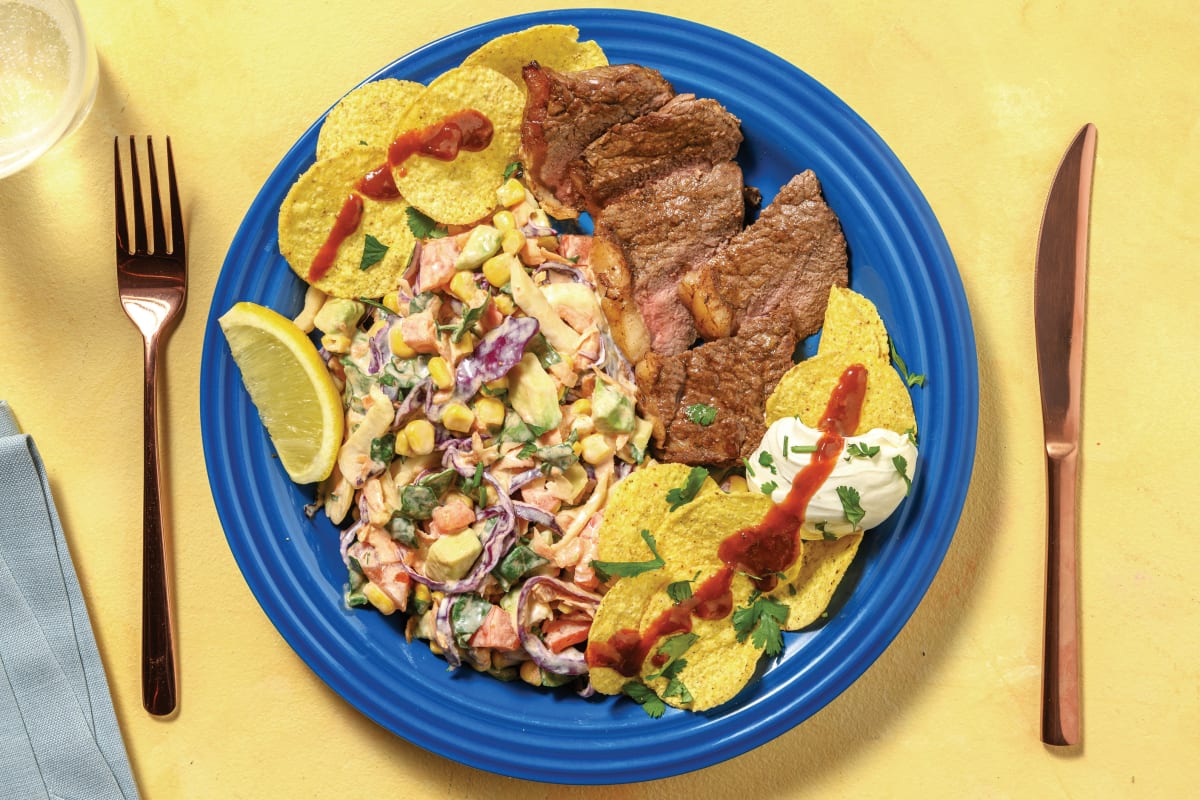 Mexican Beef Rump with Corn Chips & Creamy Avo-Corn Slaw