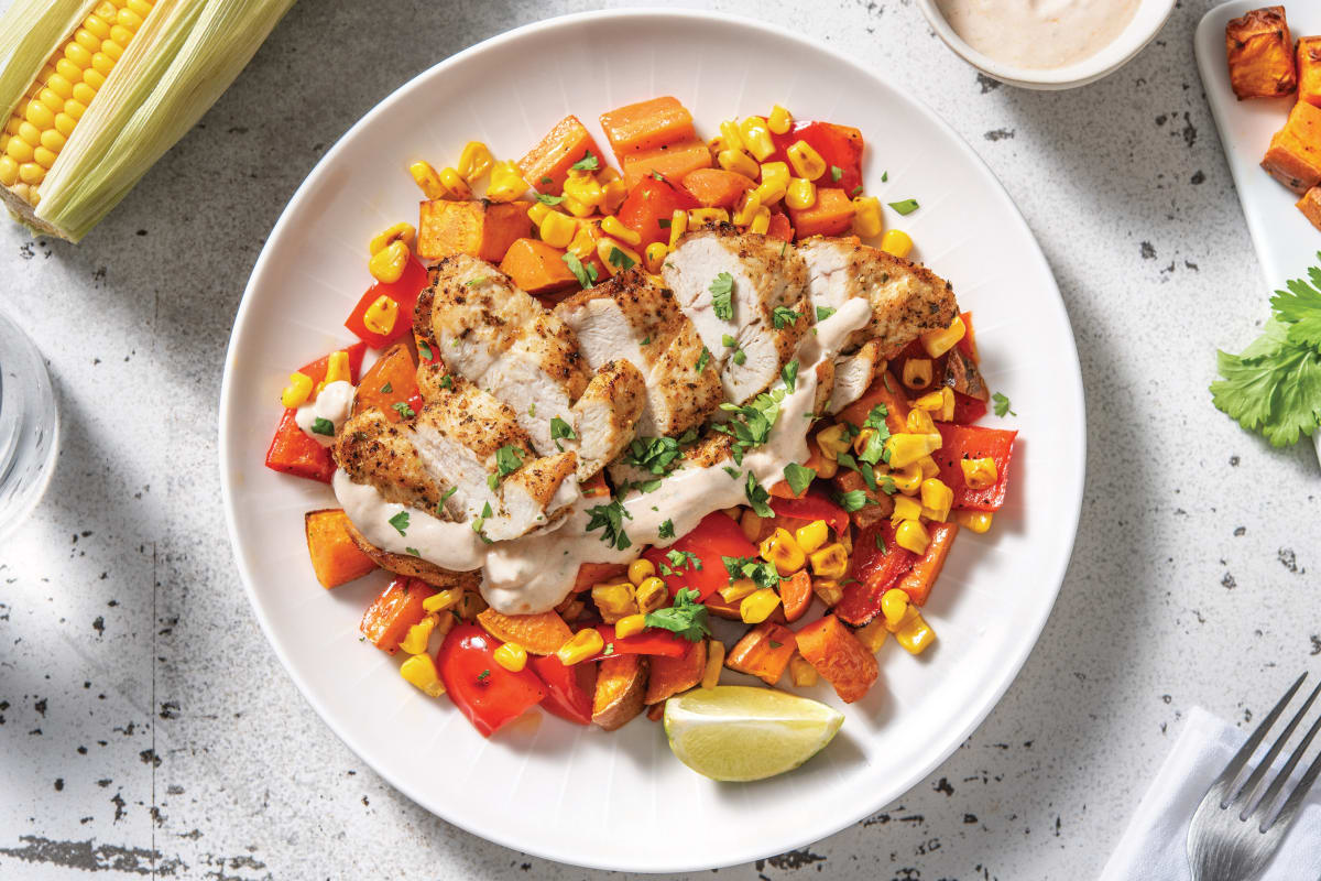 Mexican Chicken & Charred Corn Salad with Roasted Veggies & Chipotle Yoghurt