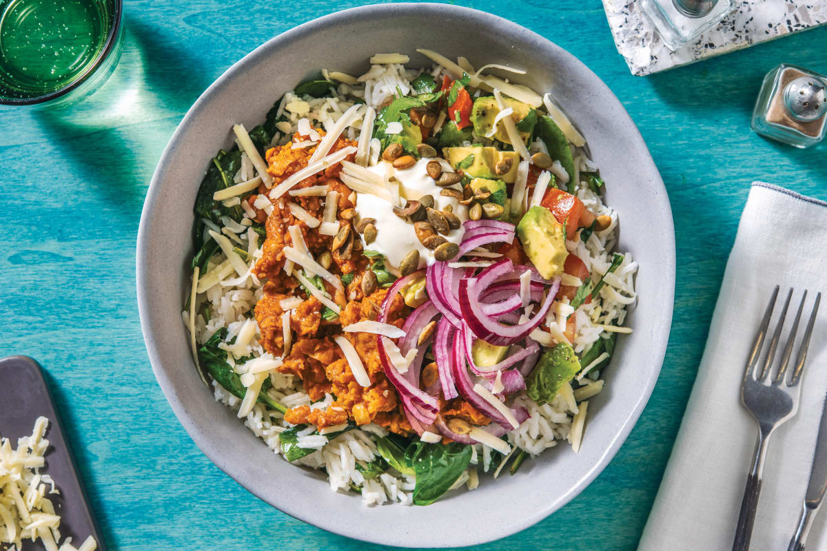 Mexican Smashed Chickpea Rice Bowl