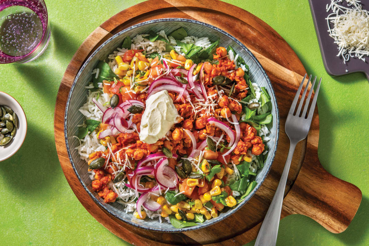 Mexican Smashed Chickpea Rice Bowl