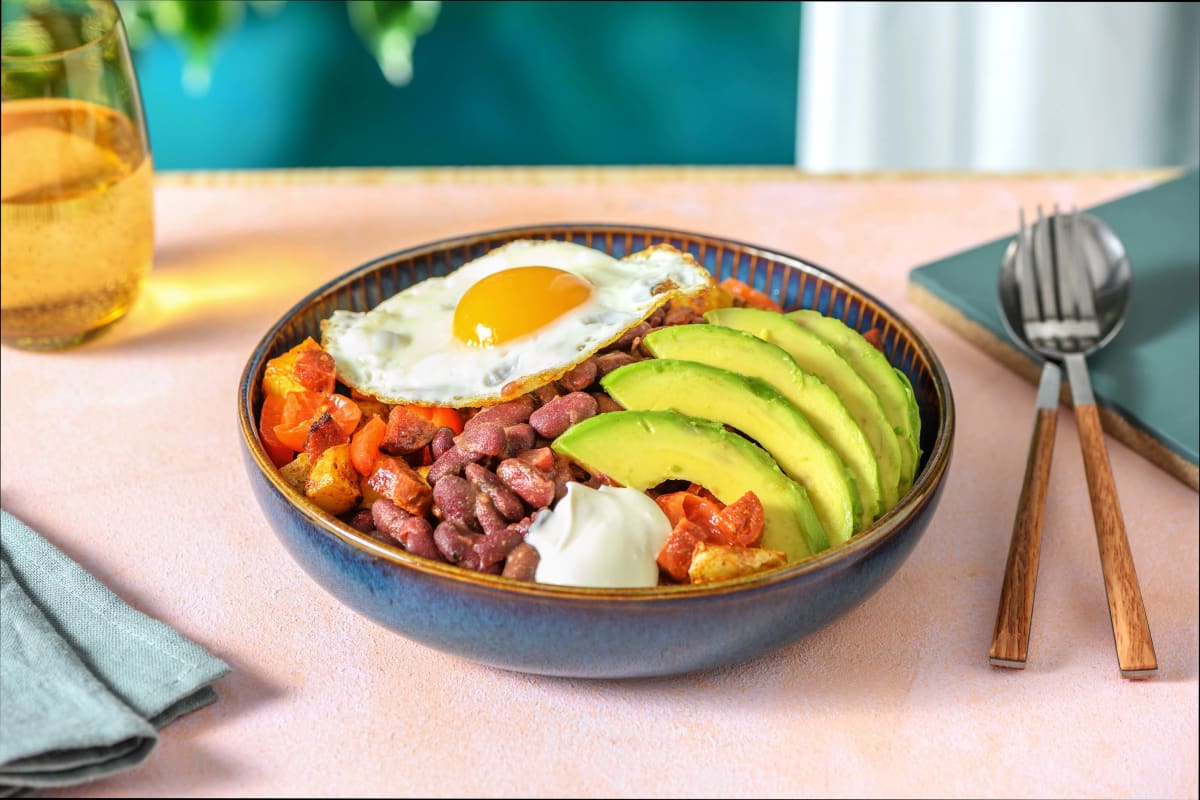 Mexican Style Chorizo Hash with Refried Beans & Avo