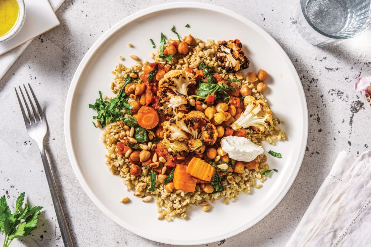 Middle Eastern Chickpea Stew & Toasted Freekeh with Roasted Veggies & Garlic Yoghurt