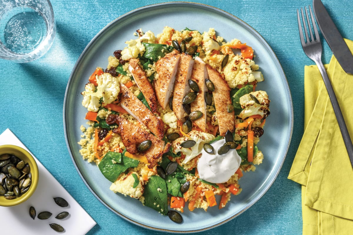 Mild North Indian Chicken & Veggie Couscous with Currants & Pumpkin Seeds