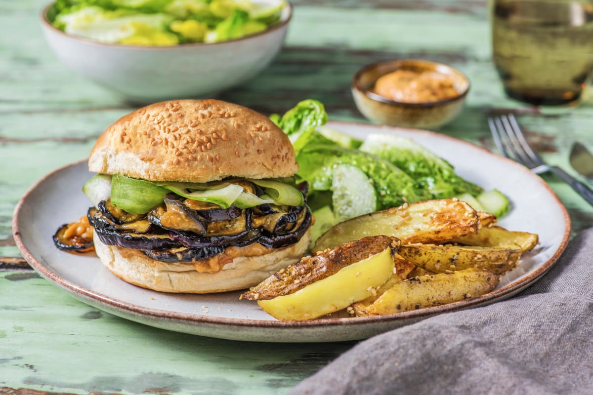 Miso Aubergine Burger & Wedges