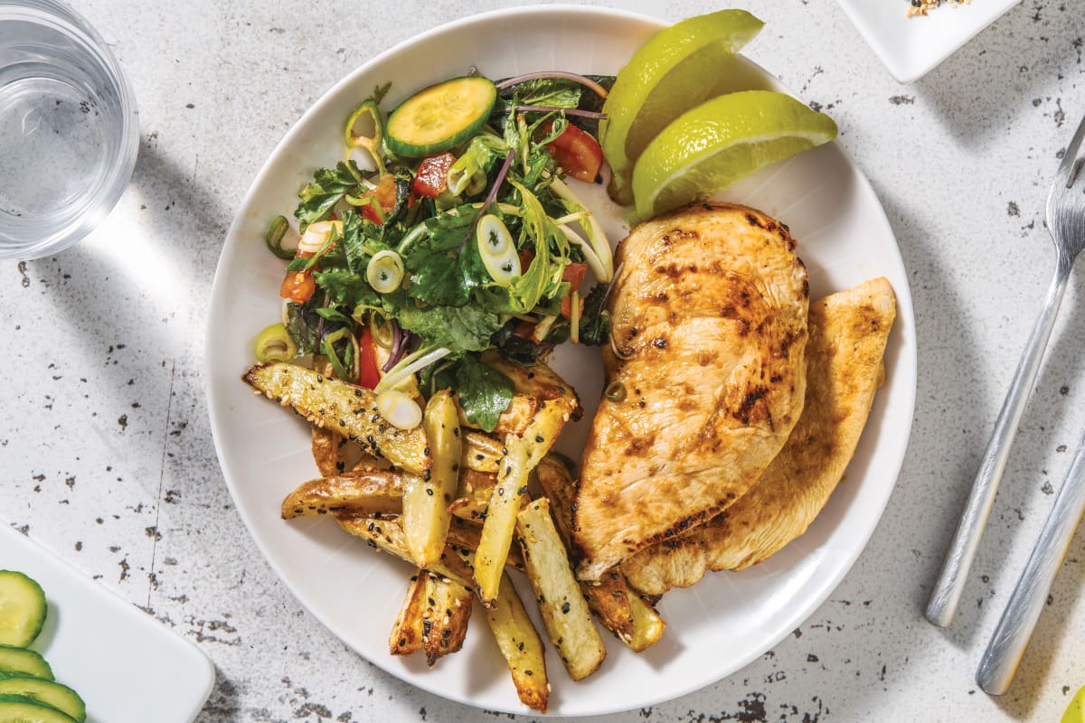 Miso-Ginger Chicken & Sesame Fries with Rainbow Salad