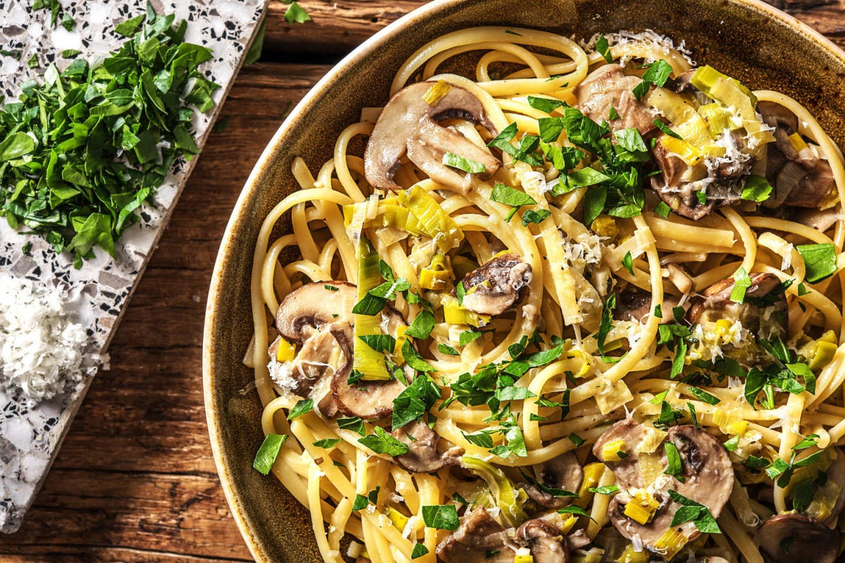 Linguines au poireau et aux champignons