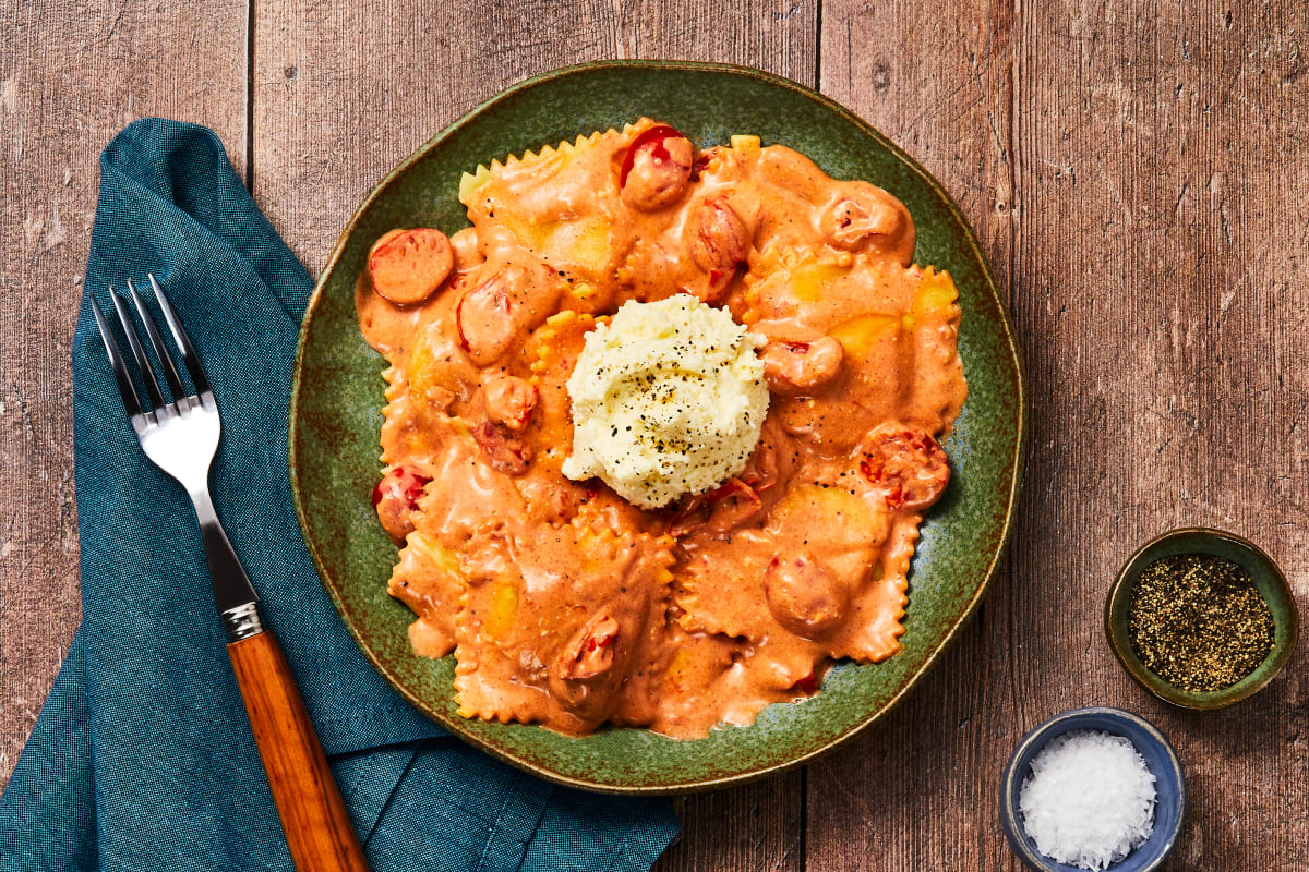 Mushroom Ravioli in a Tomato Cream Sauce