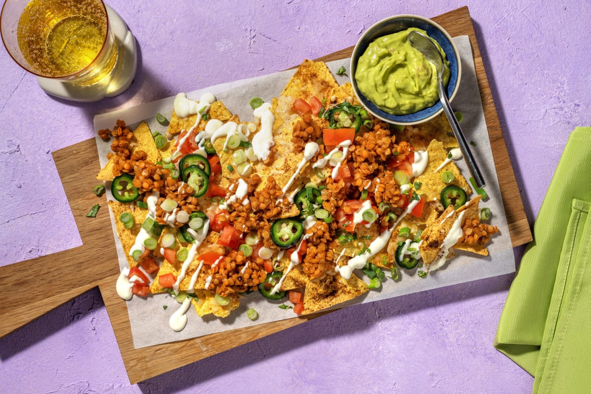 Cheesy Lentil and Chorizo Nachos