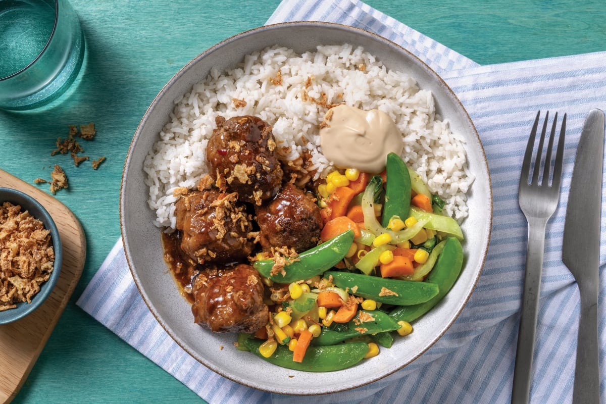 Quick Sticky Beef Meatball Rice Bowl