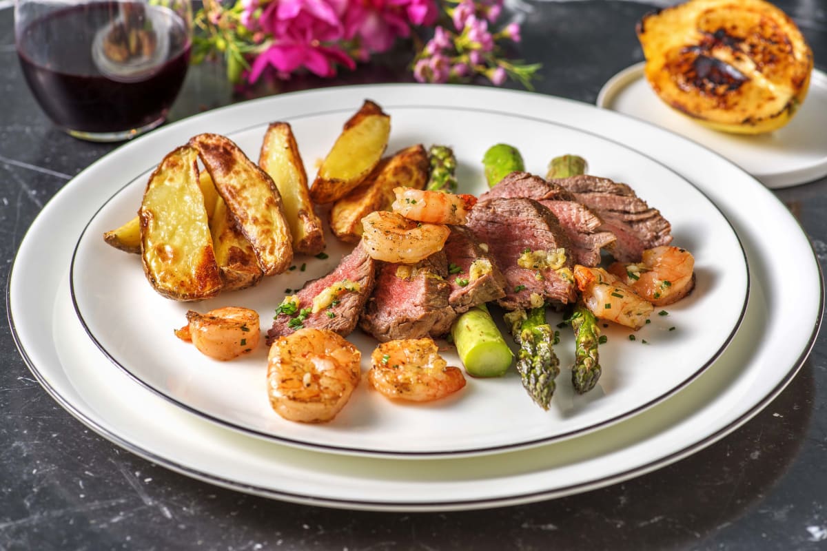 Surf and Turf: Fillet Steak and King Prawns