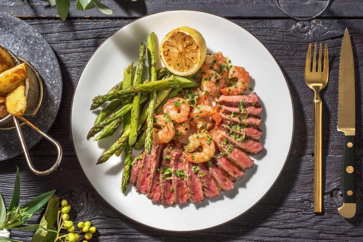 Surf and Turf: Sirloin Steak and King Prawns