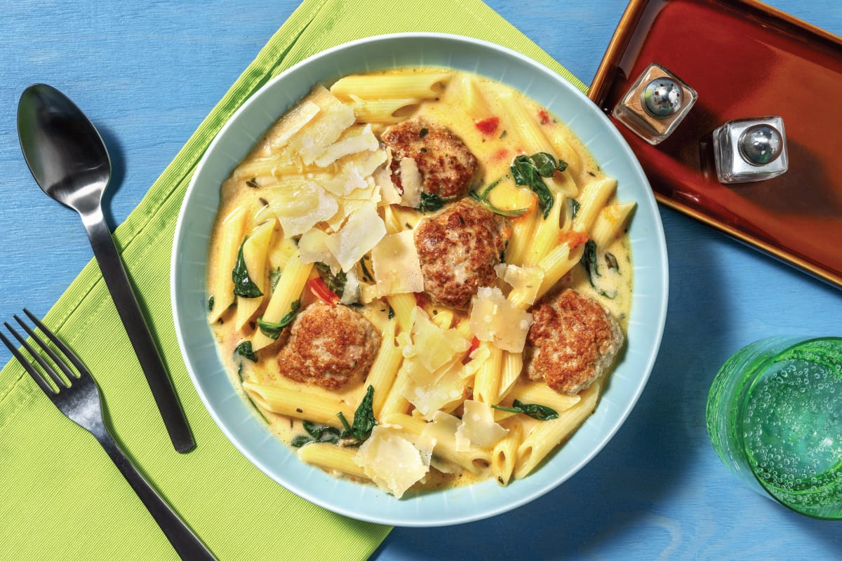 One-Pot Cheesy Chicken Meatballs & Penne