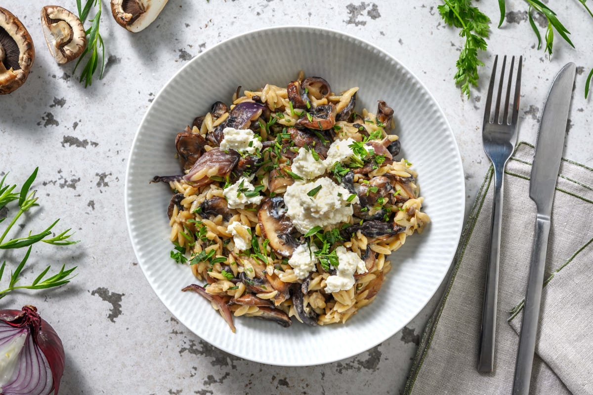 Orzo garni de ricotta au citron et champignons blonds