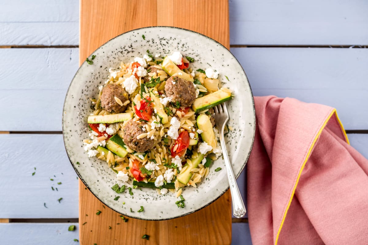 Oven Baked Greek Style Meatballs with Orzo and Veggies