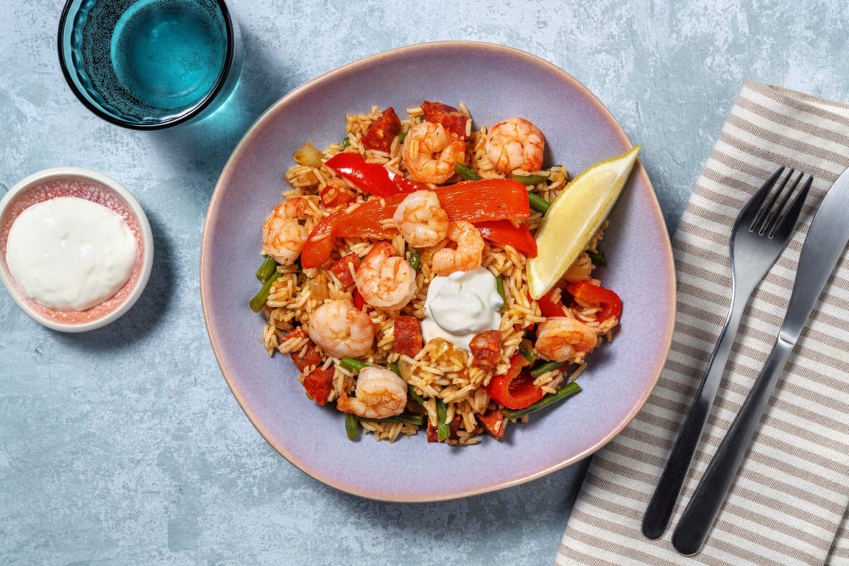 Paella! Spanischer Reis mit Chorizo und Garnelen