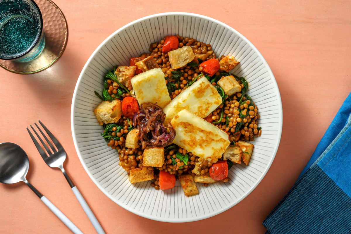 Pan-Fried Halloumi on Harissa Lentils