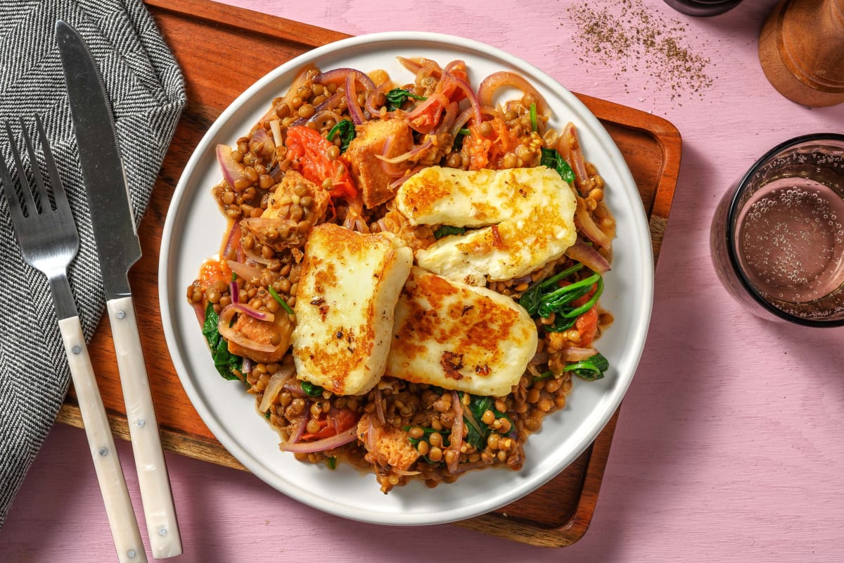 Pan-Fried Halloumi on Harissa Lentils