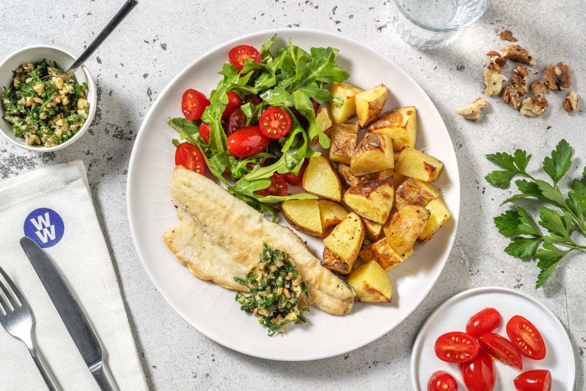 Pan-Fried Sea Bass and Walnut Parsley Pesto