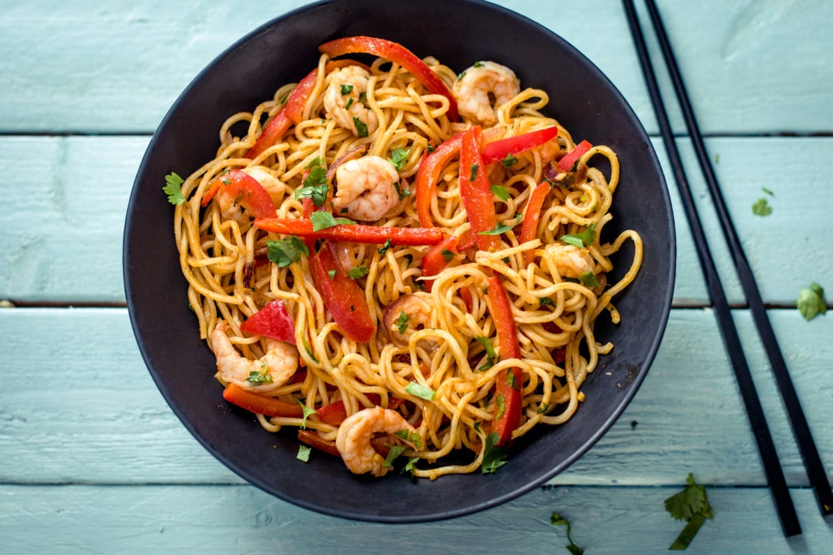 Panang Prawns with Egg Noodles and Coriander