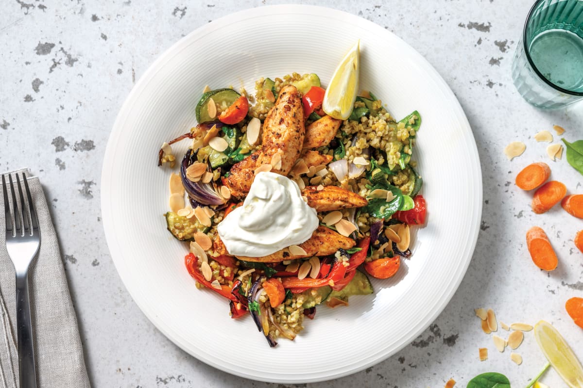 Paprika Chicken & Roast Veggie Freekeh with Garlicky Lemon Yoghurt