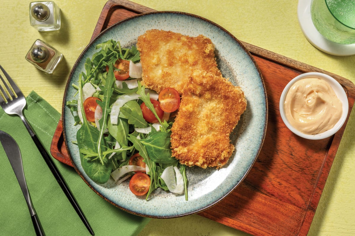 Cheesy Pork Schnitzel & Tomato Rocket Salad