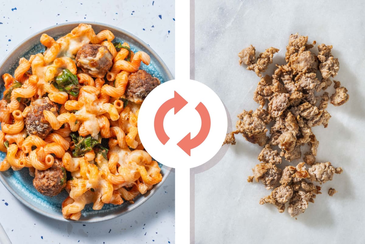 Cheesy Baked Pasta and Pork Sausage Meatballs