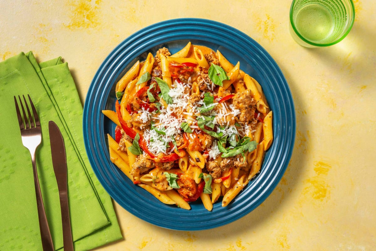 Penne fraîches au poulet haché en sauce tomate au mascarpone