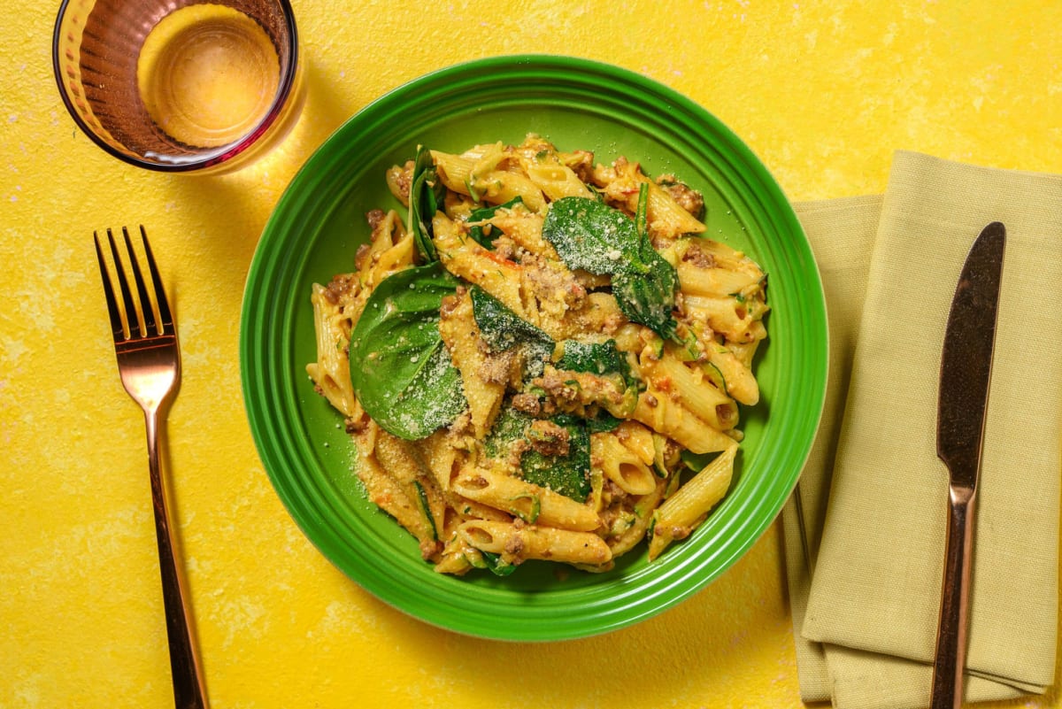 Rosy Beef and Zucchini Penne