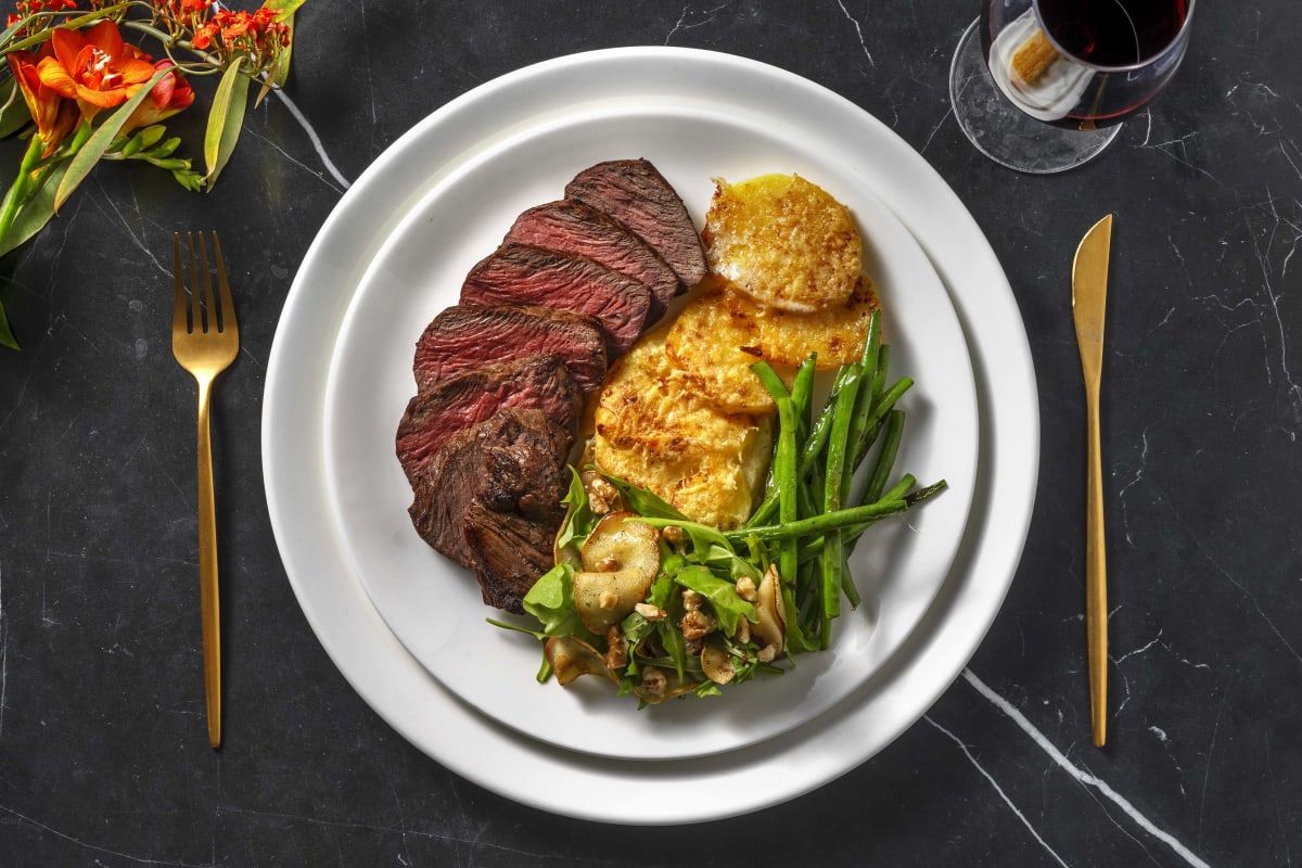 Pepper Crusted Venison and Dauphinoise Potatoes