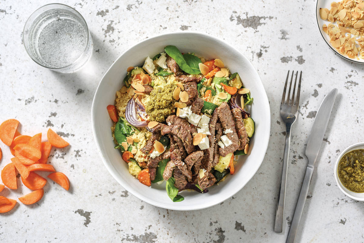 Pesto Beef Strips & Roast Veggie Couscous with Fetta & Flaked Almonds