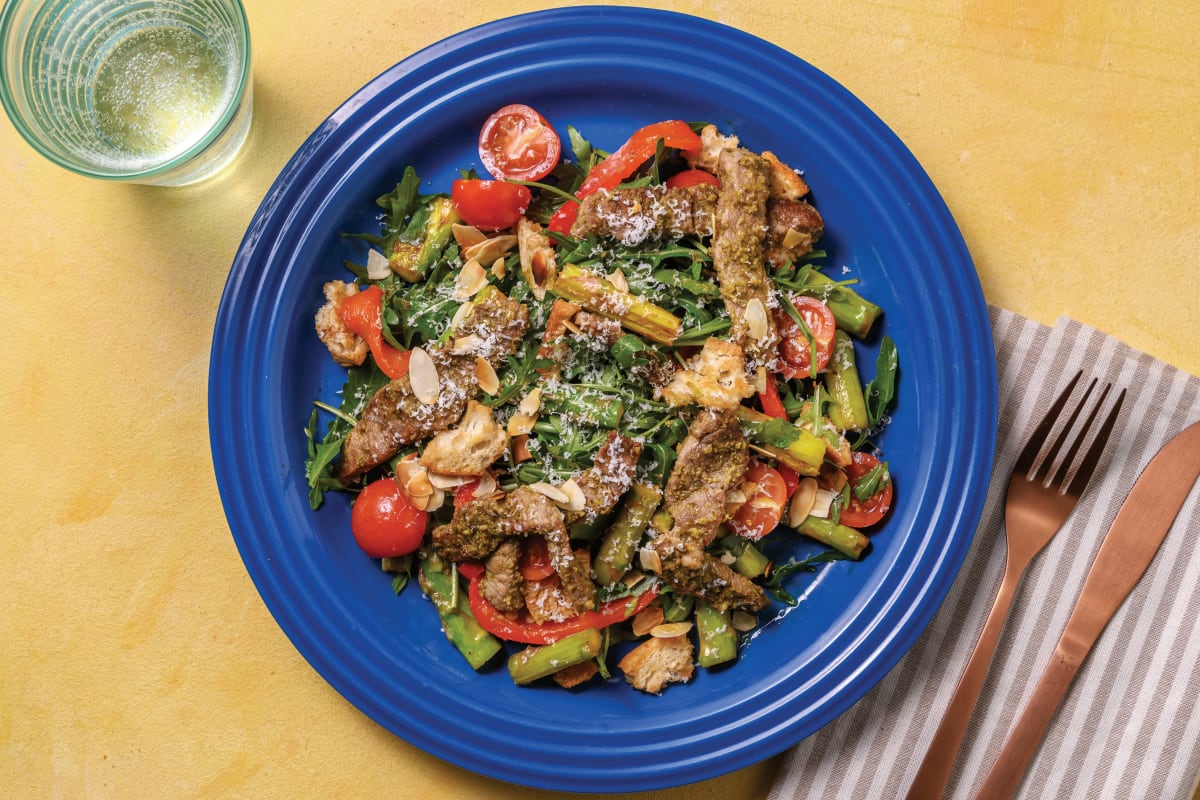 Pesto Beef & Tomato Asparagus Salad with Croutons & Parmesan