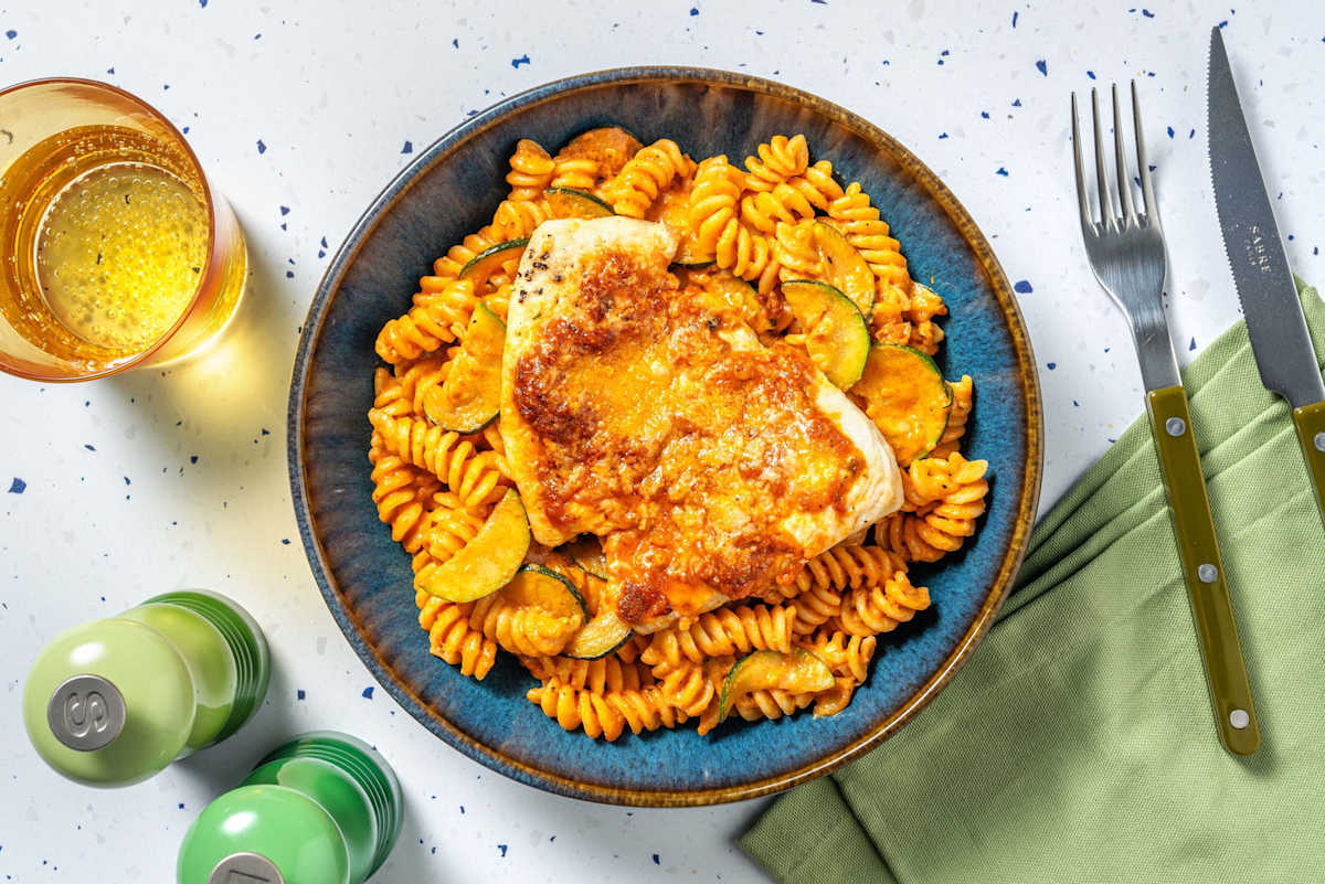 Pesto-Parm Baked Chicken Thighs Fusilli