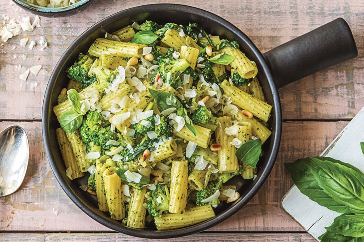 Pesto Pine Nut Parmesan Rigatoni with Broccoli Chilli Flakes