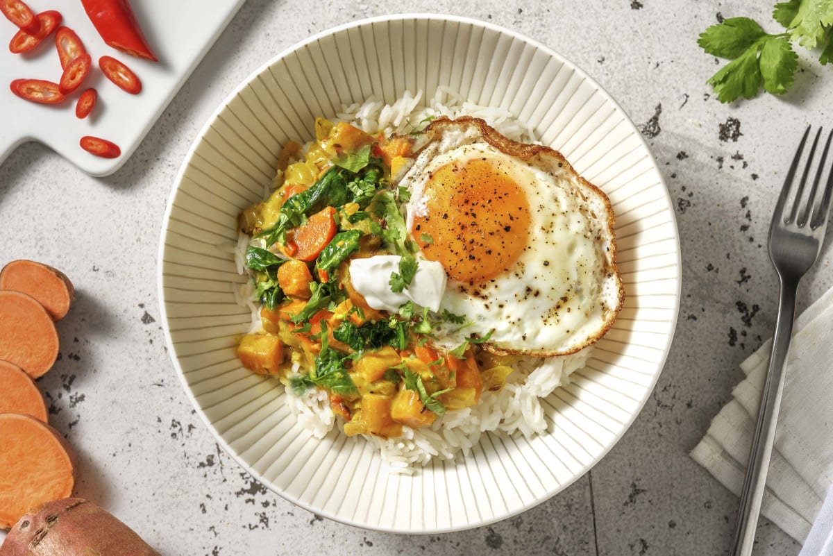 Pittige curry met spinazie en zoete aardappel