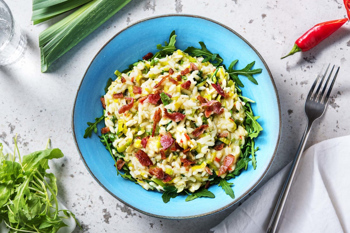 Risotto épicé au lard et au poireau