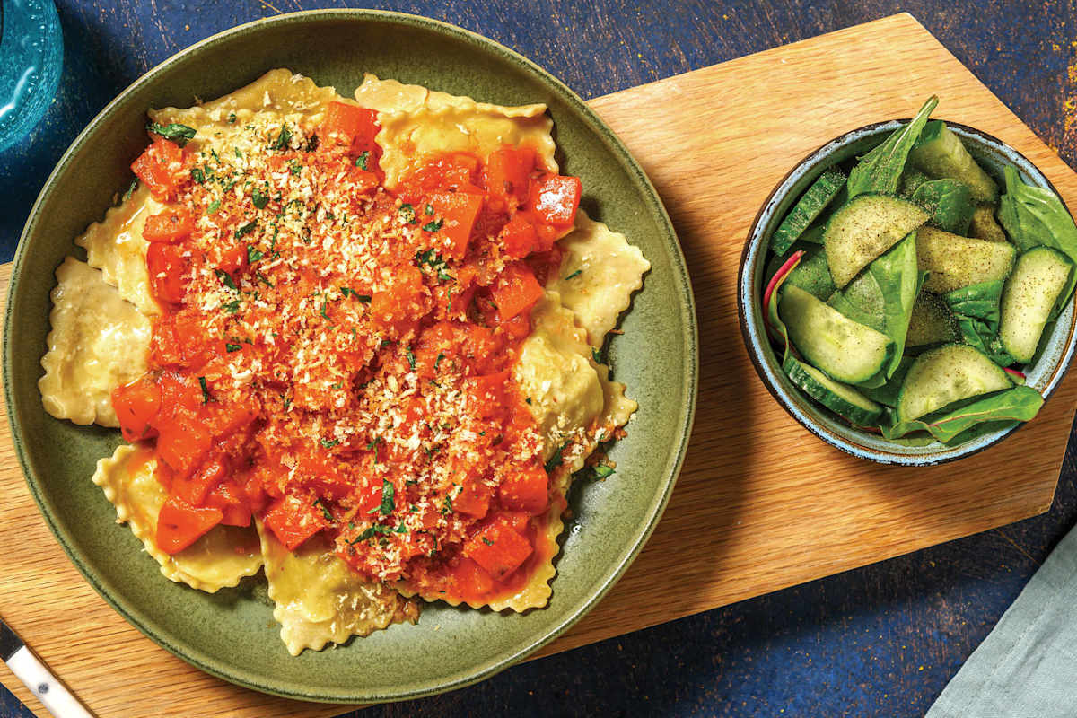 Plant-Based Beef Ravioli & Capsicum Sauce